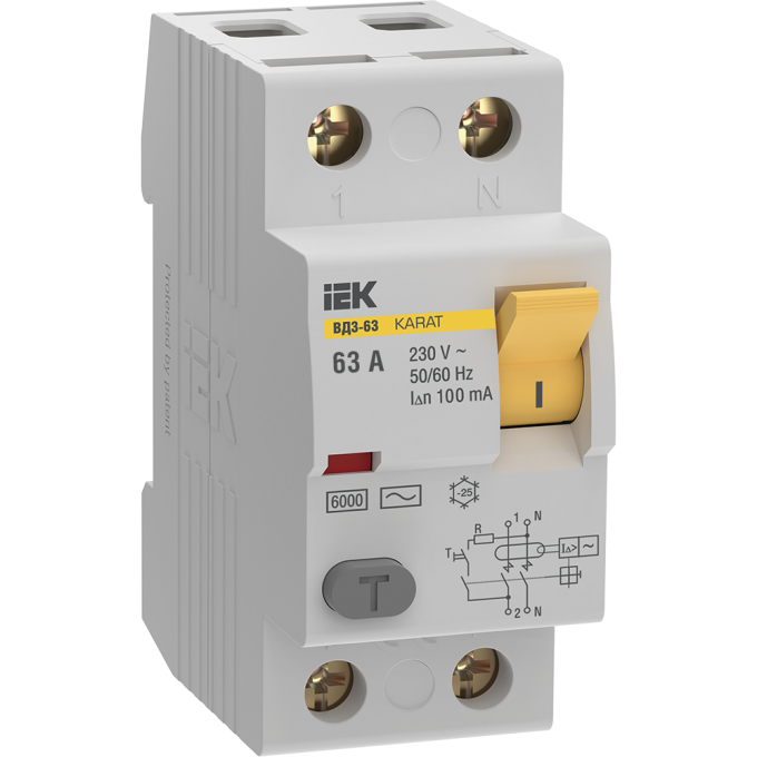 Выключатель дифференциальный (УЗО) IEK KARAT ВД3-63 2P 63А 100мА 6кА тип AC MDV20-2-063-100